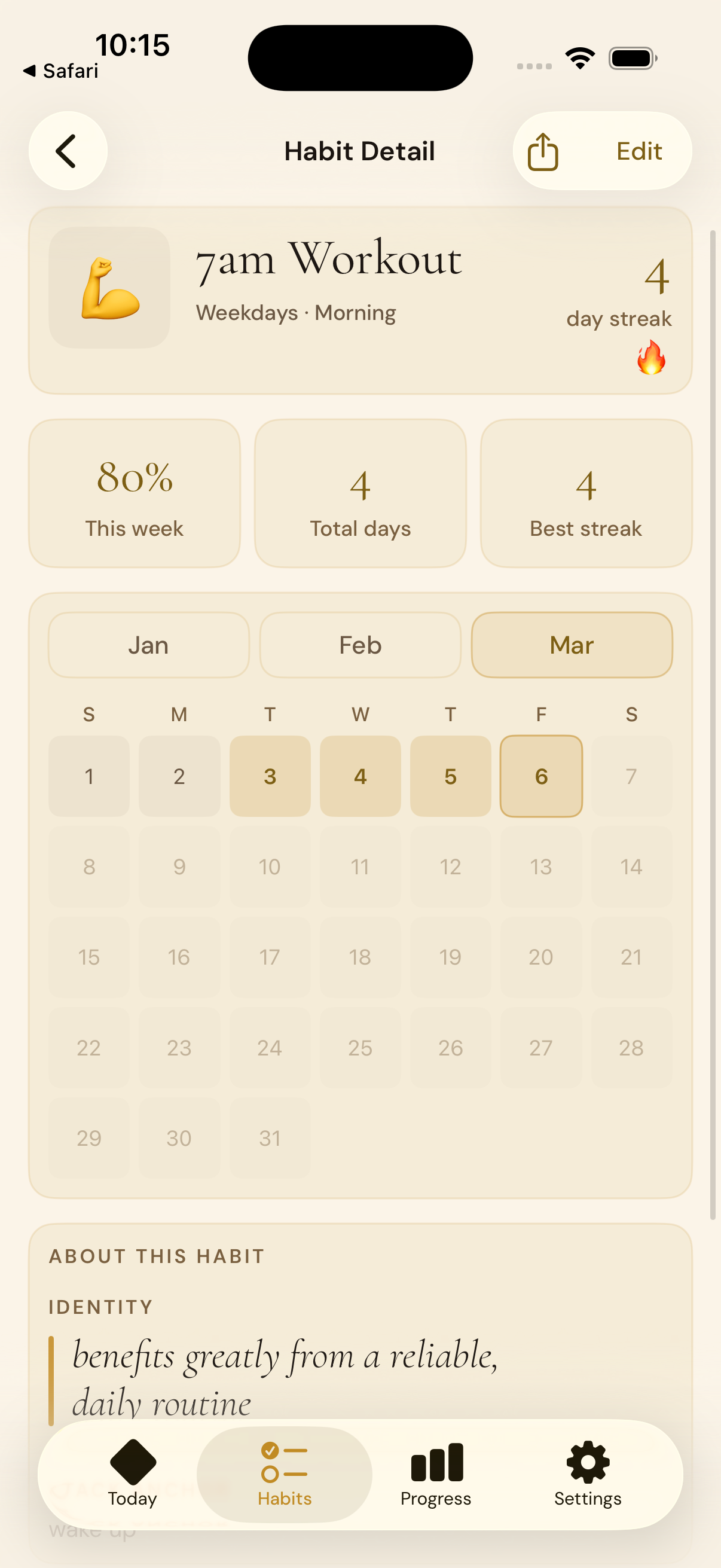 Habit detail with streak calendar