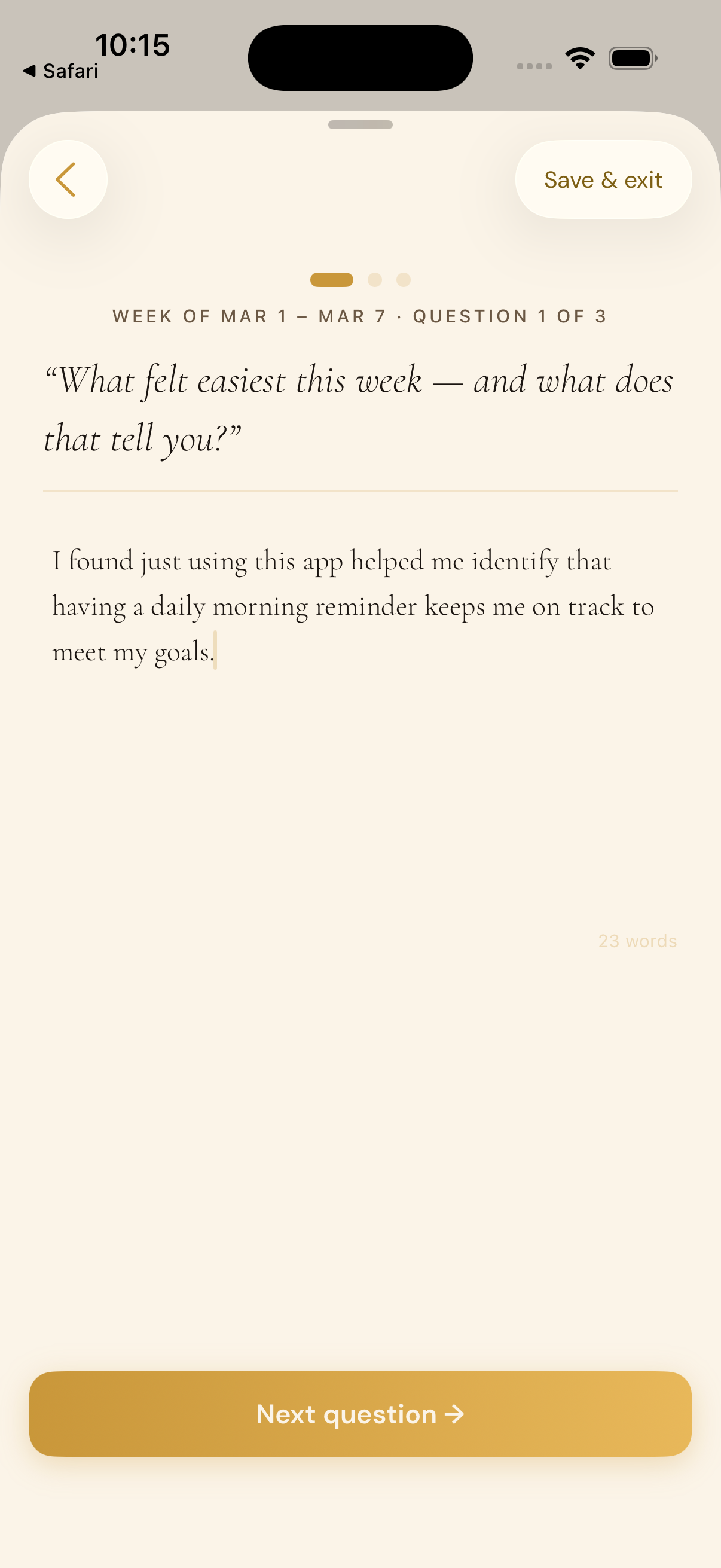 Weekly reflection writing screen