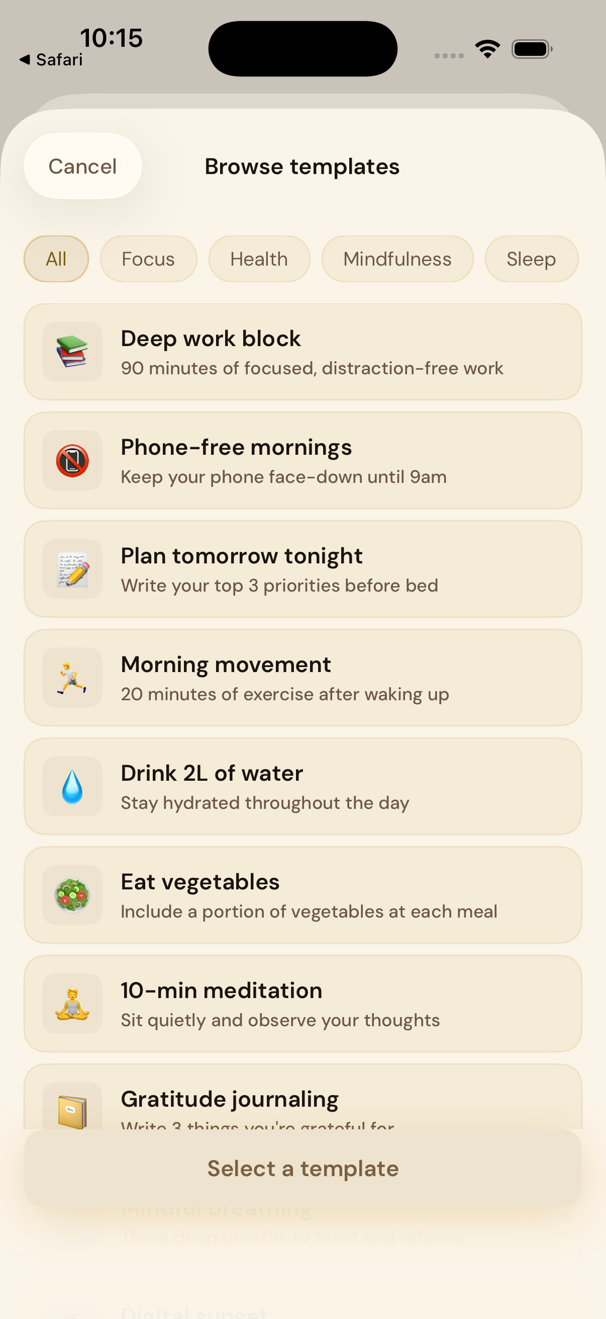Browse habit templates