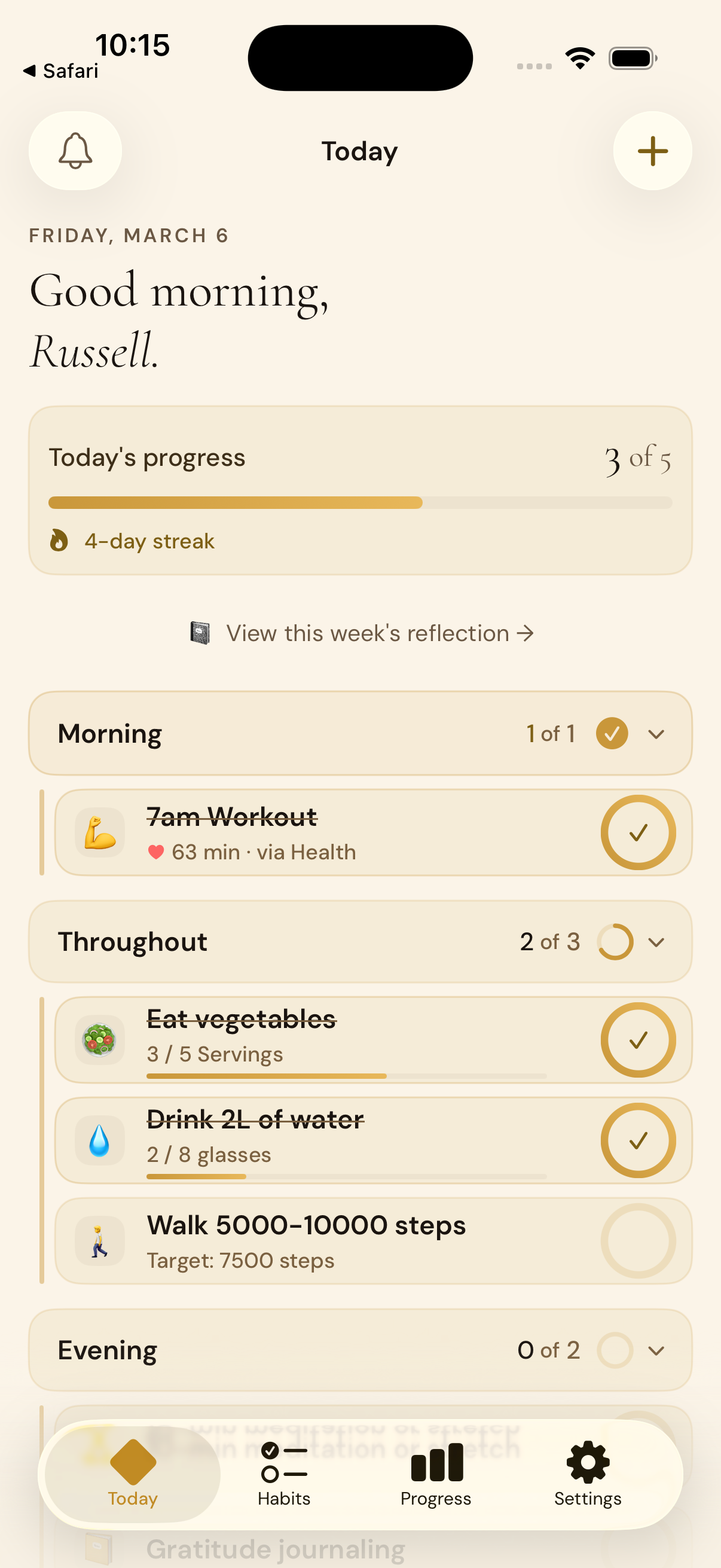 Today view showing daily habit check-ins